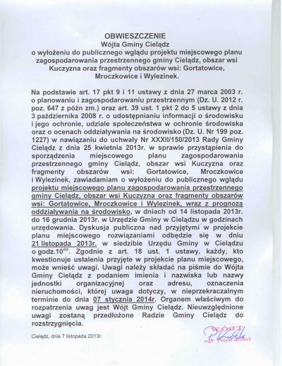 zdjęcie obwieszczenia Wójta Gminy Cielądz - upublicznienie projektu miejscowego zagospodarowania przestrzennego